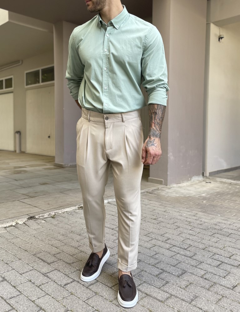 Ανδρικό μπεζ υφασμάτινο παντελόνι με πιέτες και φάσα στην μέση FCL00395B φωτογραφία